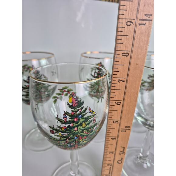 Vintage Spode Christmas Stemware Wine Water Glasses Holiday Set of 8 Holly Tree - Picture 9 of 10